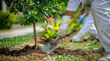 Planting sapling with shovel. Gloves protect hands. Green grass & trees nearby