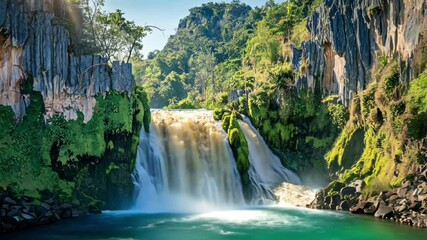 beautiful waterfall cascading down lush green cliff in nature representing peaceful scenery and fresh environment  