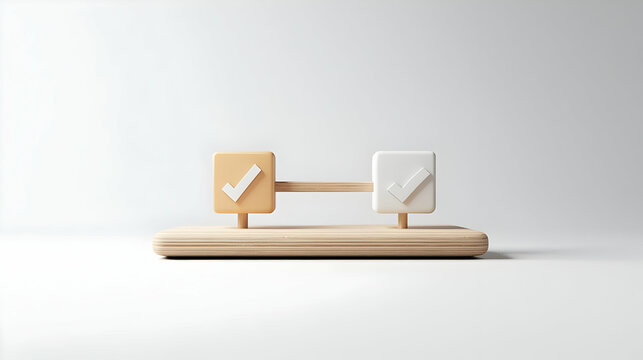 3D Render of a Seesaw Balancing a White Check Mark and an Orange X Mark on a Wooden Base Against a White Background
