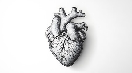 Detailed anatomical illustration of a human heart in monochrome.