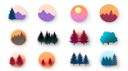 Set of minimalist nature icons trees, mountains, sunsets, in various colors and styles, perfect for branding, websites, or app design.