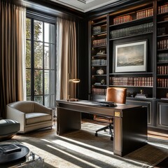 An elegant home office showcasing a modern office setting with books