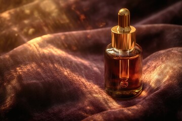 Naklejka premium Amber Glass Dropper Bottle on Luxurious Velvet Fabric