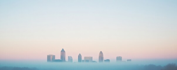 Fototapeta premium Buildings of a city are partially hidden by a morning fog