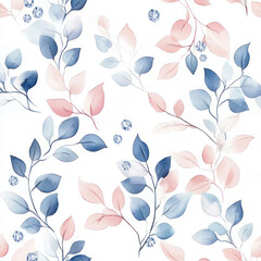 Watercolor floral seamless pattern with pink and blue leaves.