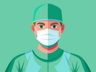 surgeon wearing a green scrub suit, surgical mask, gloves, and cap