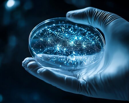 Scientist holds glowing network - Powered by Adobe
