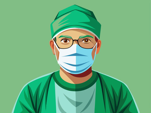 surgeon wearing a green scrub suit, surgical mask, gloves, and cap