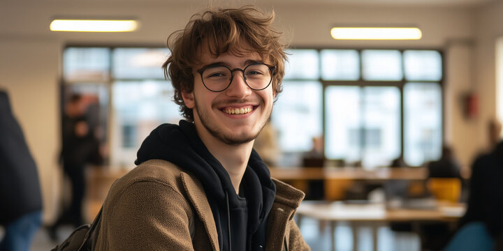 Joven sonriendo siendo becario en una oficina. Oficina borrosa detr&aacute;s de &eacute;l.