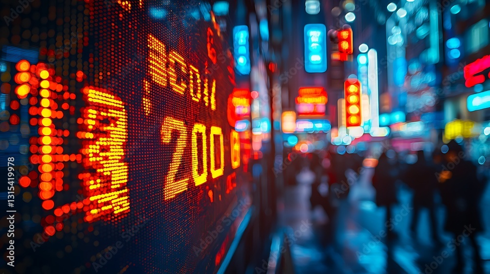 Poster dynamic cityscape at night with financial data display