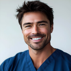 Fototapeta premium Smiling Healthcare Doctor in Blue Scrubs: Professional and Caring Medical Portrait for Patient-Focused Wellness