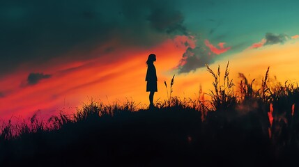 Fototapeta premium Silhouette of a girl standing in tall grass at sunset, gazing at a vibrant sky.