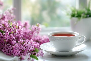 Tea, lilacs, window, spring, calm