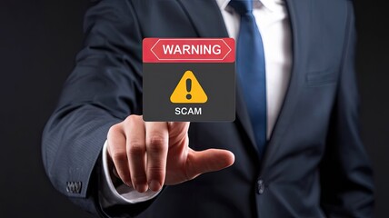 Warning Sign: A sharply dressed person in a business suit is seen interacting with an onscreen warning sign, alerting to "SCAM", a signal of cybercrime and potential risk.