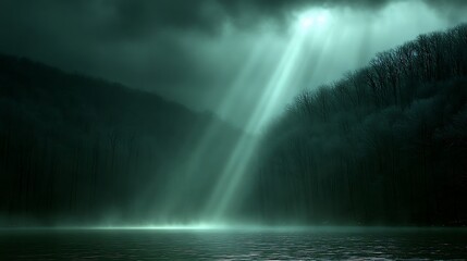 A tranquil frozen lake surrounded by frosted trees, with beams of sunlight breaking through the overcast sky above.