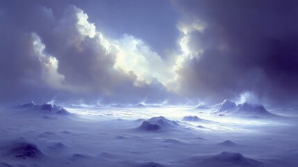 A snow-covered mountain valley with glowing sun rays shining through the clouds, illuminating the icy terrain.