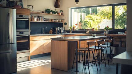 Sunlit modern kitchen with island, wooden cabinets, stainless steel appliances, and garden view.
