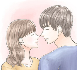 笑って向き合う男女　背景あり　水彩風