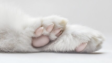 Obraz premium Close-up of white fluffy cat paws with pink paw pads and claws.