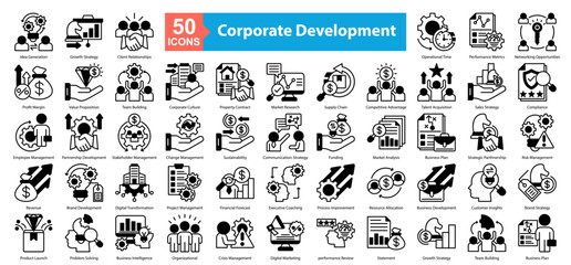 Corporate Development icon sheet Idea Generation, Property Contract, Change Management, Digital Transformation, Problem Solving, Growth Strategy, Client Relationships, Operational Time, Performance