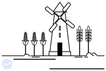 Windmill with rotating blades alongside corn and wheat stalks in a simple rural setting. Ideal for agriculture, sustainability, renewable energy, organic farming, eco-friendly practices, countryside
