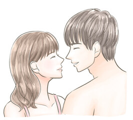 笑って向き合う下着の男女 水彩風