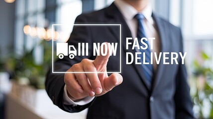 Fast Delivery Now: A professional in a suit and tie interacting with a digital interface, highlighting "Fast Delivery Now," with a focus on efficiency and prompt service