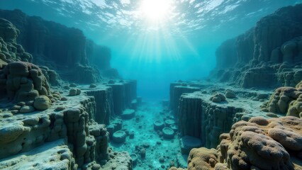 Underwater coral canyon with sunlight streaming through clear ocean water	