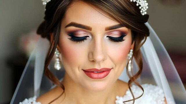 Close Up Portrait of a Brunette Bride with Elegant Makeup and Tiara Wearing a White Veil and Gown in Soft Lighting for Adobe Stock