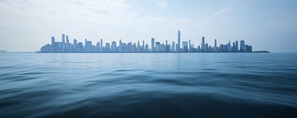 Distant city skyline and gentle water surface under cloudy sky