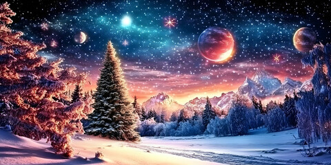 Fototapeta premium Winter Wonderland: Snowy Mountains & Planets