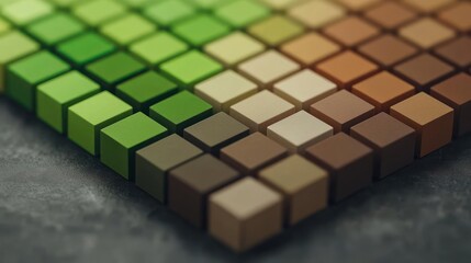 Obraz premium Isometric View of a Cubical Gradient Array in Shades of Green to Brown Against a Textured Gray Surface