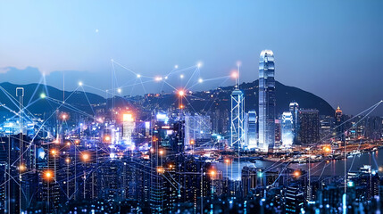 Panoramic Night View Of A Futuristic City With Illuminated Skyscrapers And Interconnected Network Glowing Blue Against A Dark Blue Sky