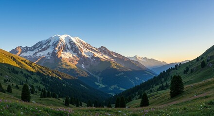 Fototapeta premium Majestic snowy mountains under a clear blue sky with vibrant green valleys and wildflowers in the foreground conveying tranquility and natural beauty