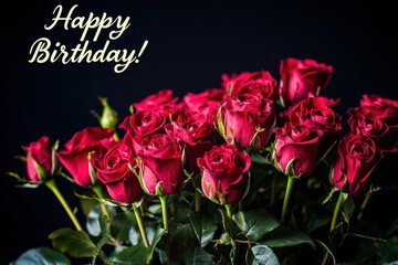 A bouquet of red roses in front of a black background with the text "Happy Birthday!" Generative AI