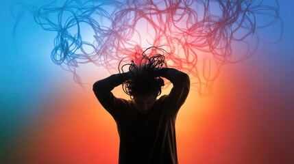Silhouette of a person with hair flowing into colorful abstract swirls, depicting stress, anxiety, or mental health.