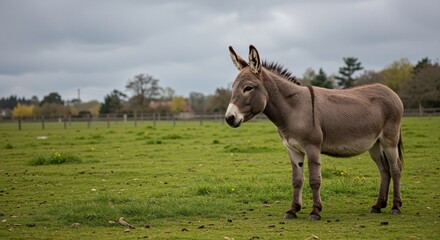 Donkey grazing peacefully in a lush green field under a cloudy sky