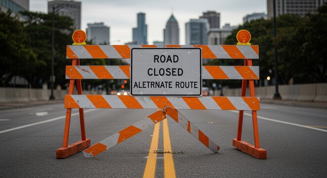 Road Closed Sign on City Street with Orange Barrier and Lights