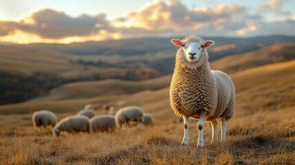 Fototapeta premium Sheep on a mountain pasture at sunset