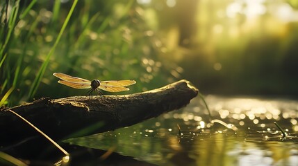 Dragonfly perched on a log by a stream at sunset.