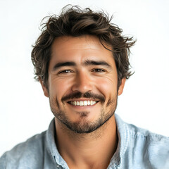 Fototapeta premium Cheerful Young Man with Beard Smiling Confidently on White Background - Fashionable & Handsome Male Portrait