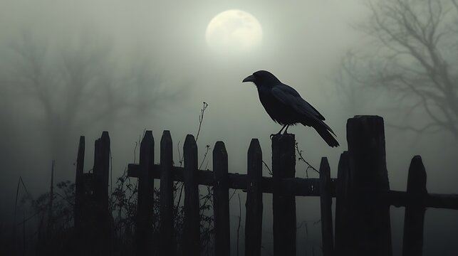 Silhouette of a crow perched on a weathered wooden fence in a misty, moonlit graveyard at night.