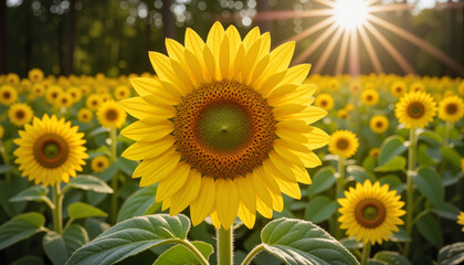 Fototapeta premium Bright sunflower in full bloom against a blurred green field, radiating happiness and warmth