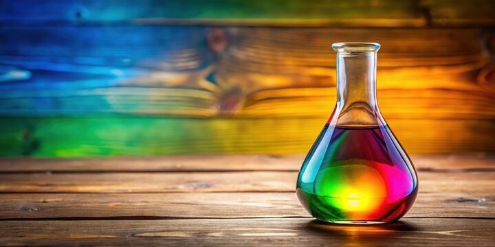 Colorful Liquid Flask on Wooden Table, abstract, table,  abstract, table, drink, beverage, creative, vibrant