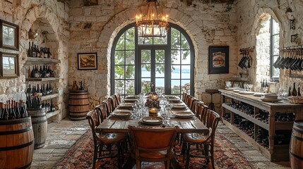 Rustic wine cellar dining room overlooking lake