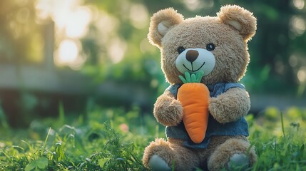 Happy teddy bear holding a carrot in a sunny garden.