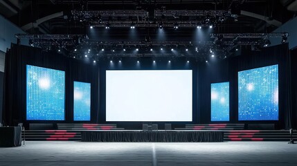 Large Empty Stage with Blank Screen and LED Panels for Event Presentation