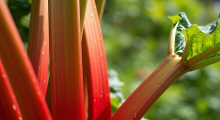 Rhubarb stalks glistening in sunlight with vibrant green leaves showcasing freshness and vitality in a lush garden background