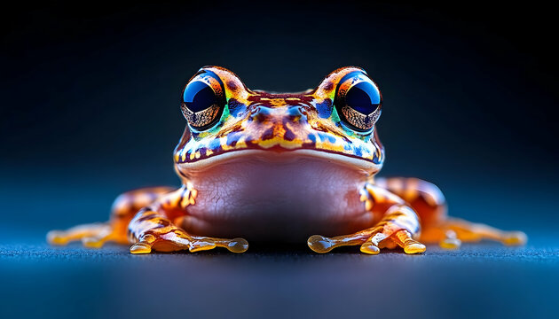 Vibrant frog sits. Detailed skin with brown, blue and gold patterns. Dark background