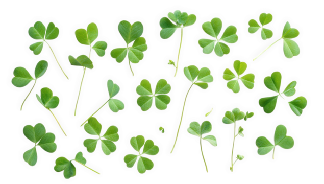 green clover leaves arranged on a white background showcasing their unique shapes and sizes. nature's beauty and could be used for various design or educational purposes